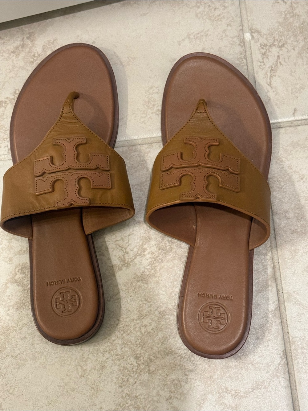 Tory Burch Cognac Leather Logo Thong Slide Sandals